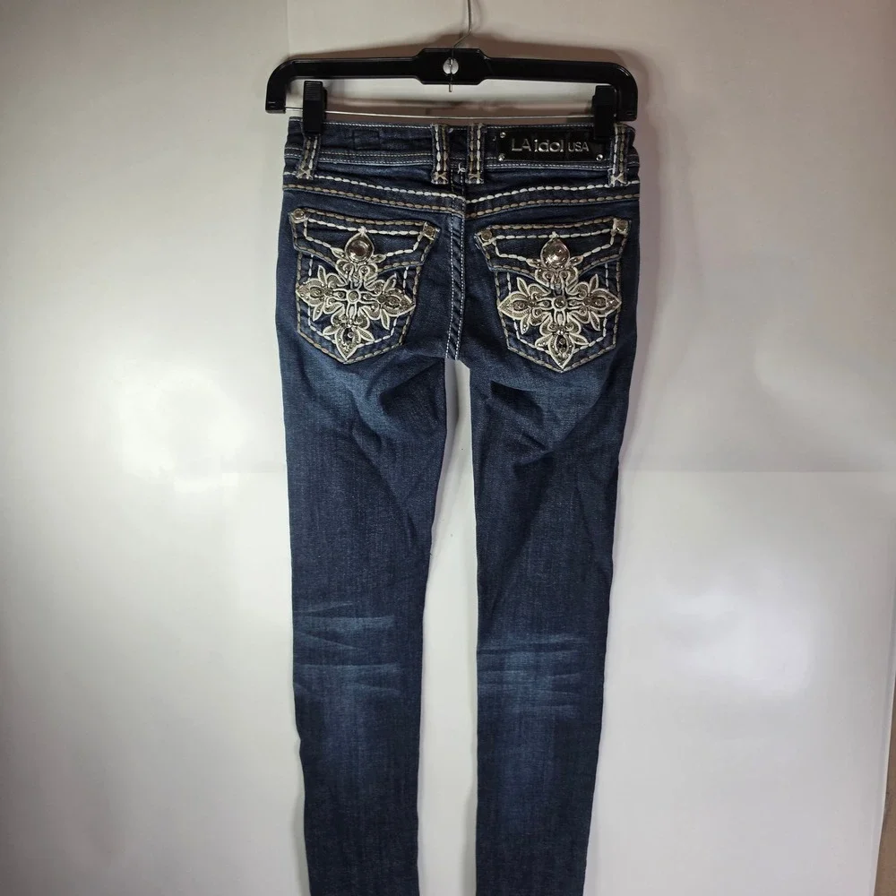 LA Idol USA Jeans Womens 0 W26 L31.5 Skinny Bling Rhinestone Thick Stitch Y2K